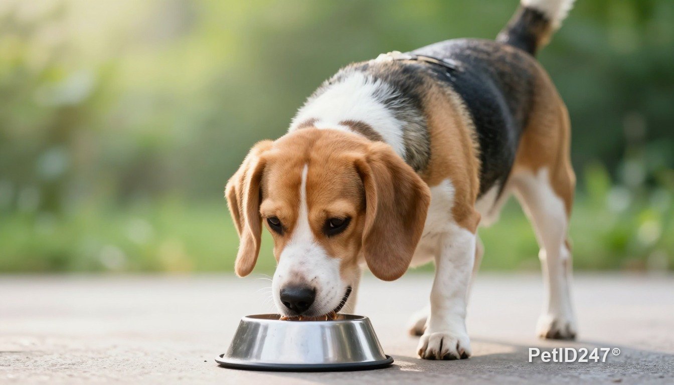 Beagle eating from a bowl, morning light