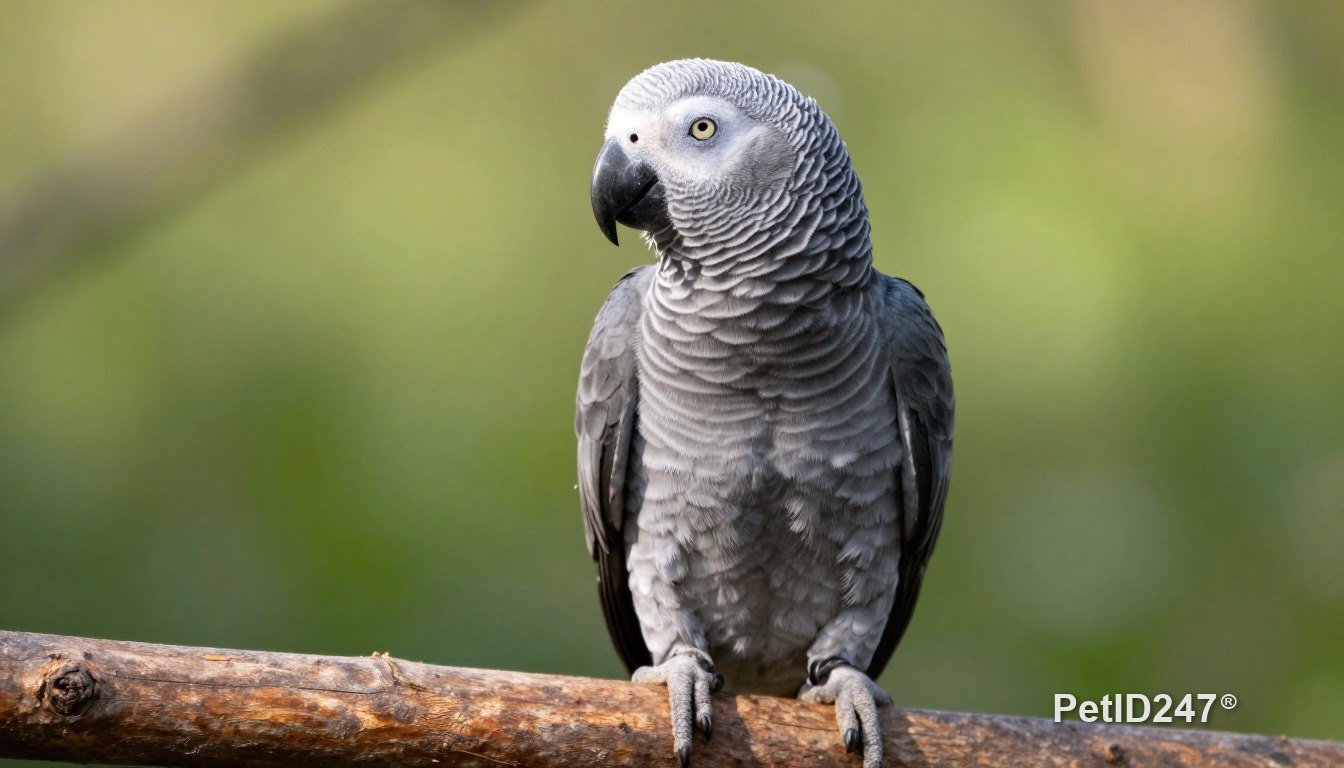African grey parrot perched on a branch, morning light