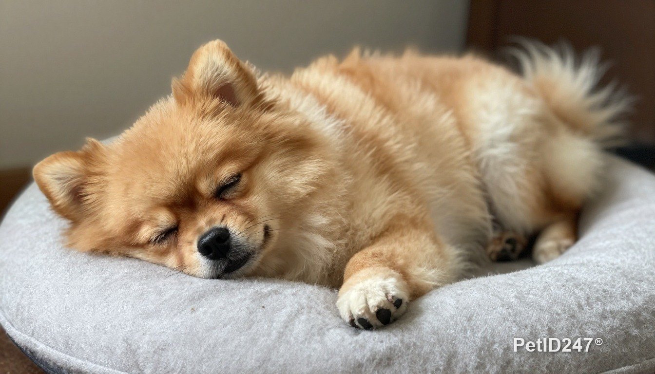 Pomeranian sleeping on a cushion