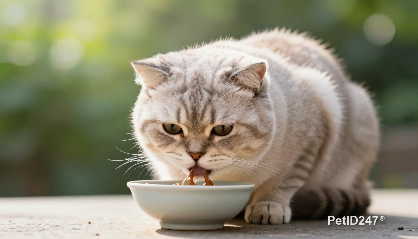 Scottish fold eating from a bowl, morning light