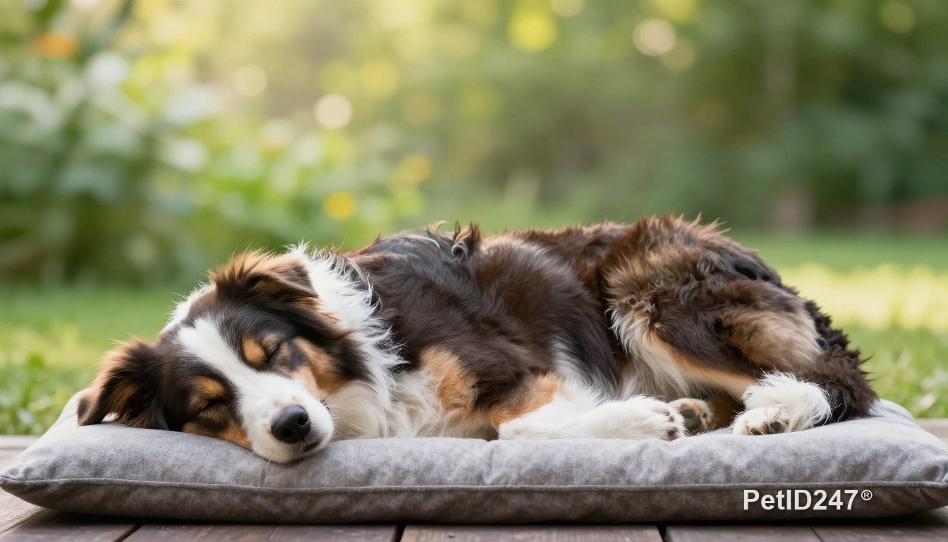 Border collie sleeping on a cushion, morning light