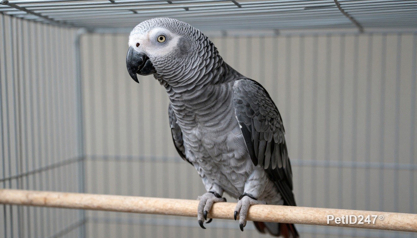 African grey parrot in a large cage
