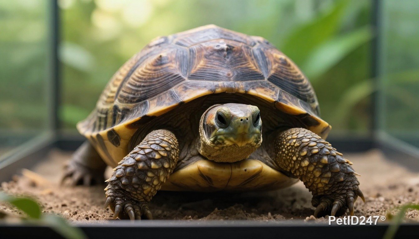 Tortoise basking under a lamp, morning light