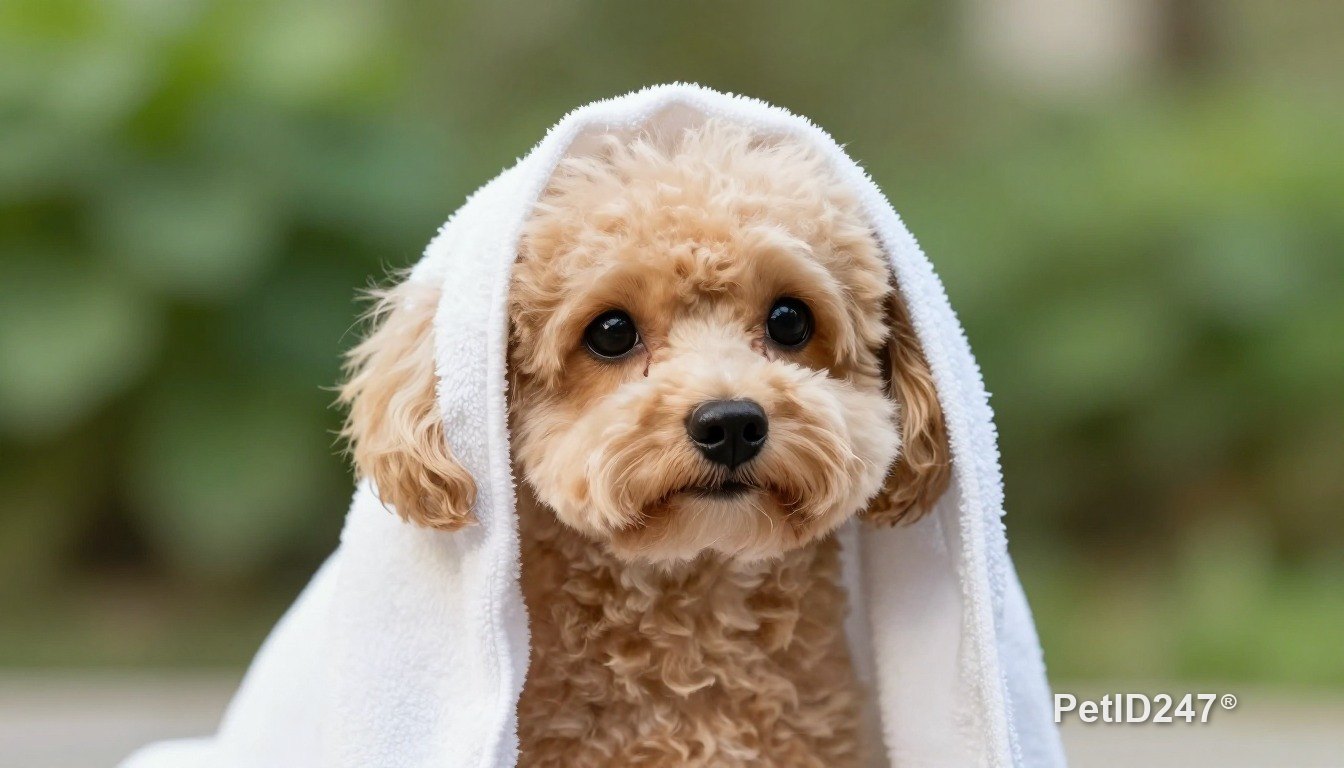 Toy poodle in a towel after a bath, morning light