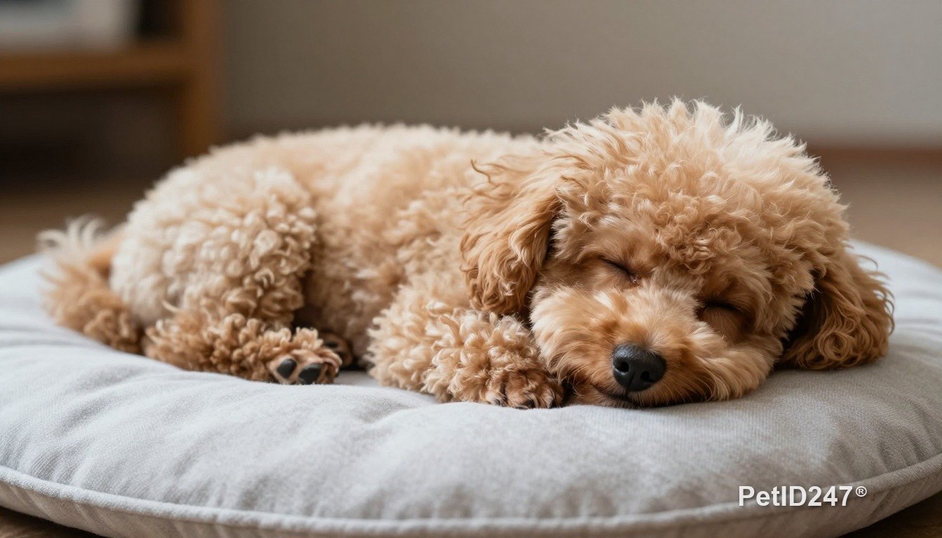Toy poodle sleeping on a cushion