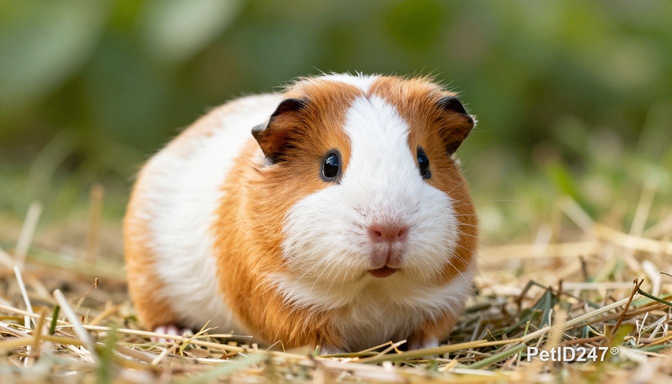 Guinea pig resting on hay, morning light