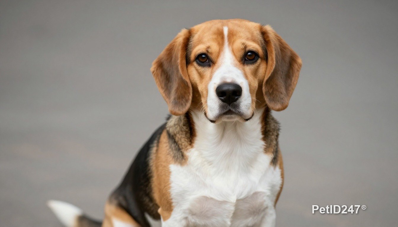 Beagle sitting, looking at the camera