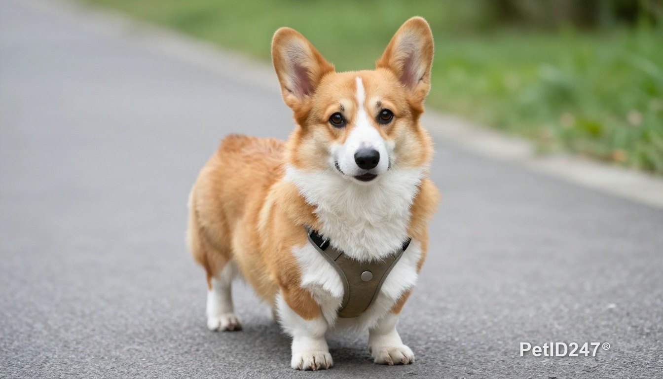 Corgi out for a walk in a harness