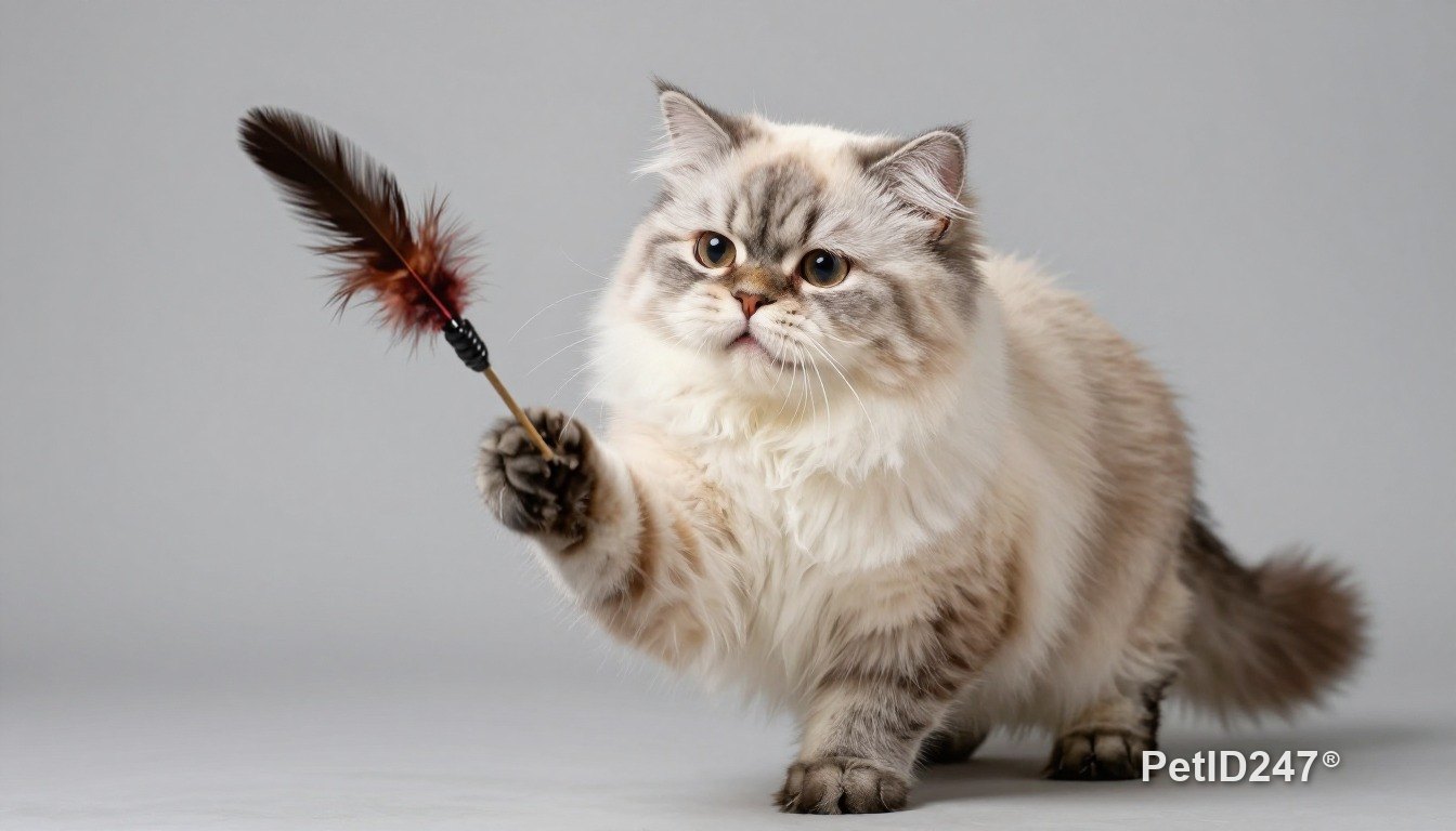 Persian cat playing with a feather toy