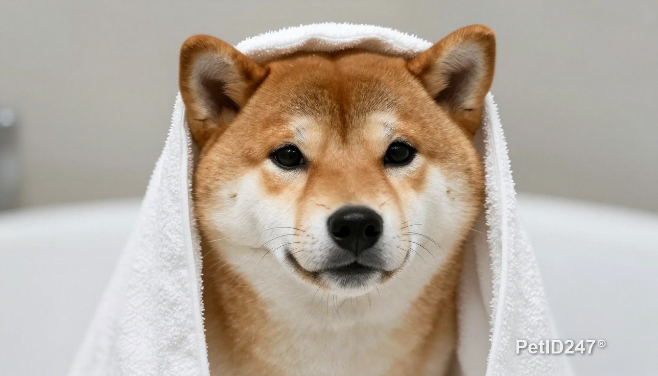 Chó shiba inu quấn khăn sau khi tắm
