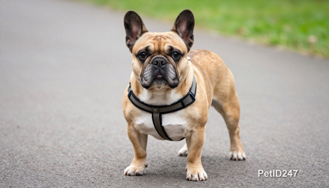 French bulldog out for a walk in a harness