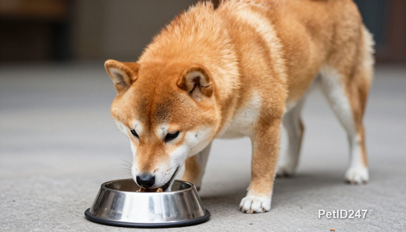 Shiba inu eating from a bowl