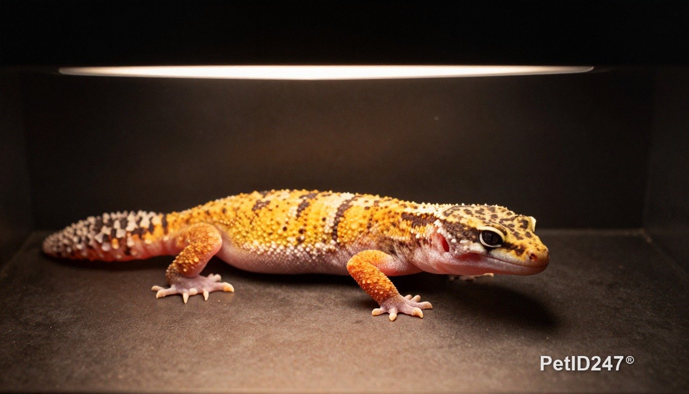 Leopard gecko basking under a lamp, dark background