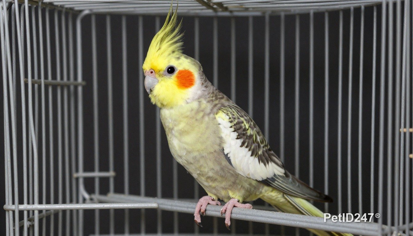 Cockatiel in a large cage, dark background