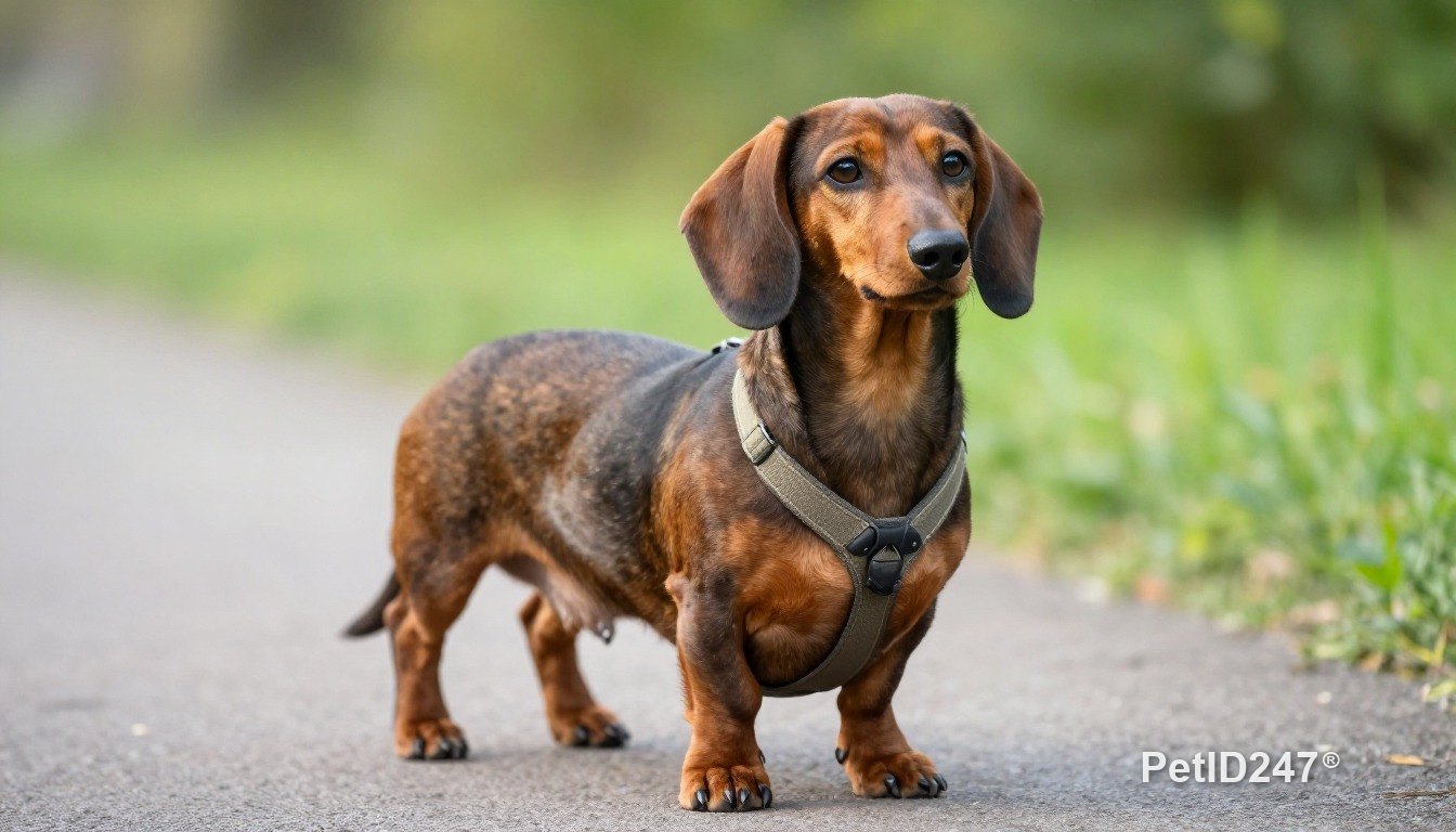Dachshund out for a walk in a harness, morning light