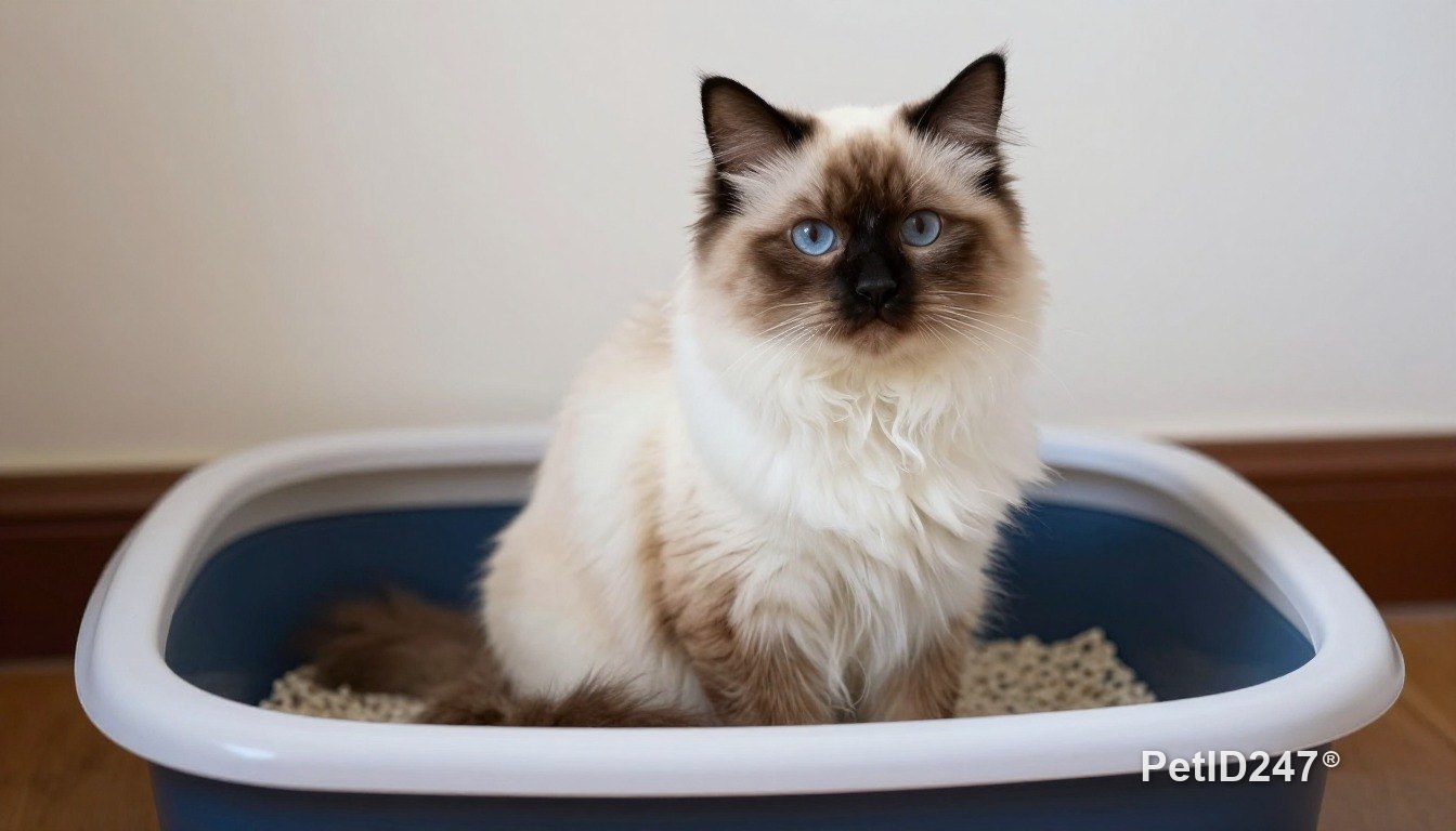 Mèo ragdoll cạnh khay cát