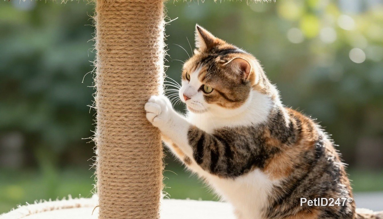 Calico cat using a scratching post, morning light