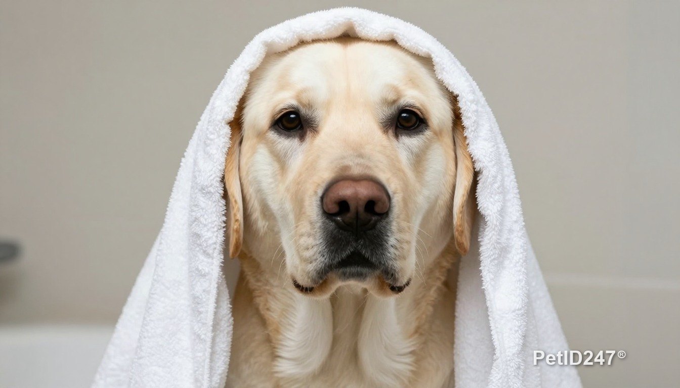 Labrador retriever in a towel after a bath