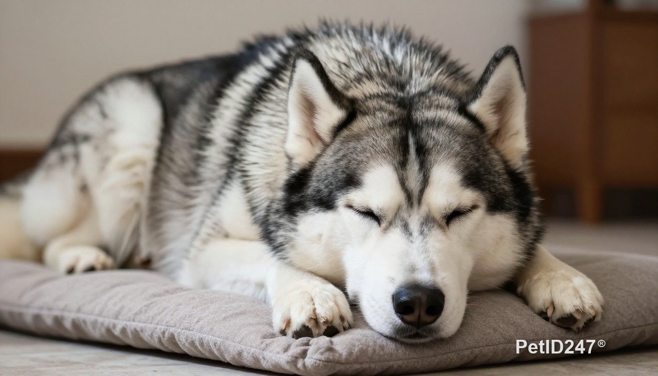 Siberian husky sleeping on a cushion