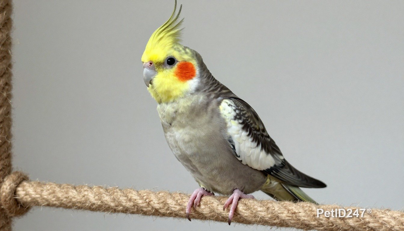 Cockatiel playing on a rope perch