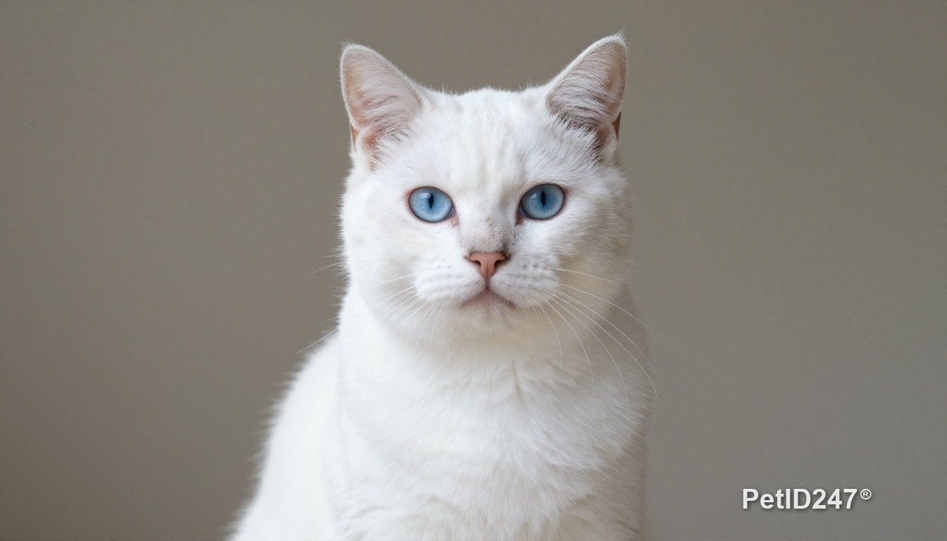White cat sitting, looking at the camera