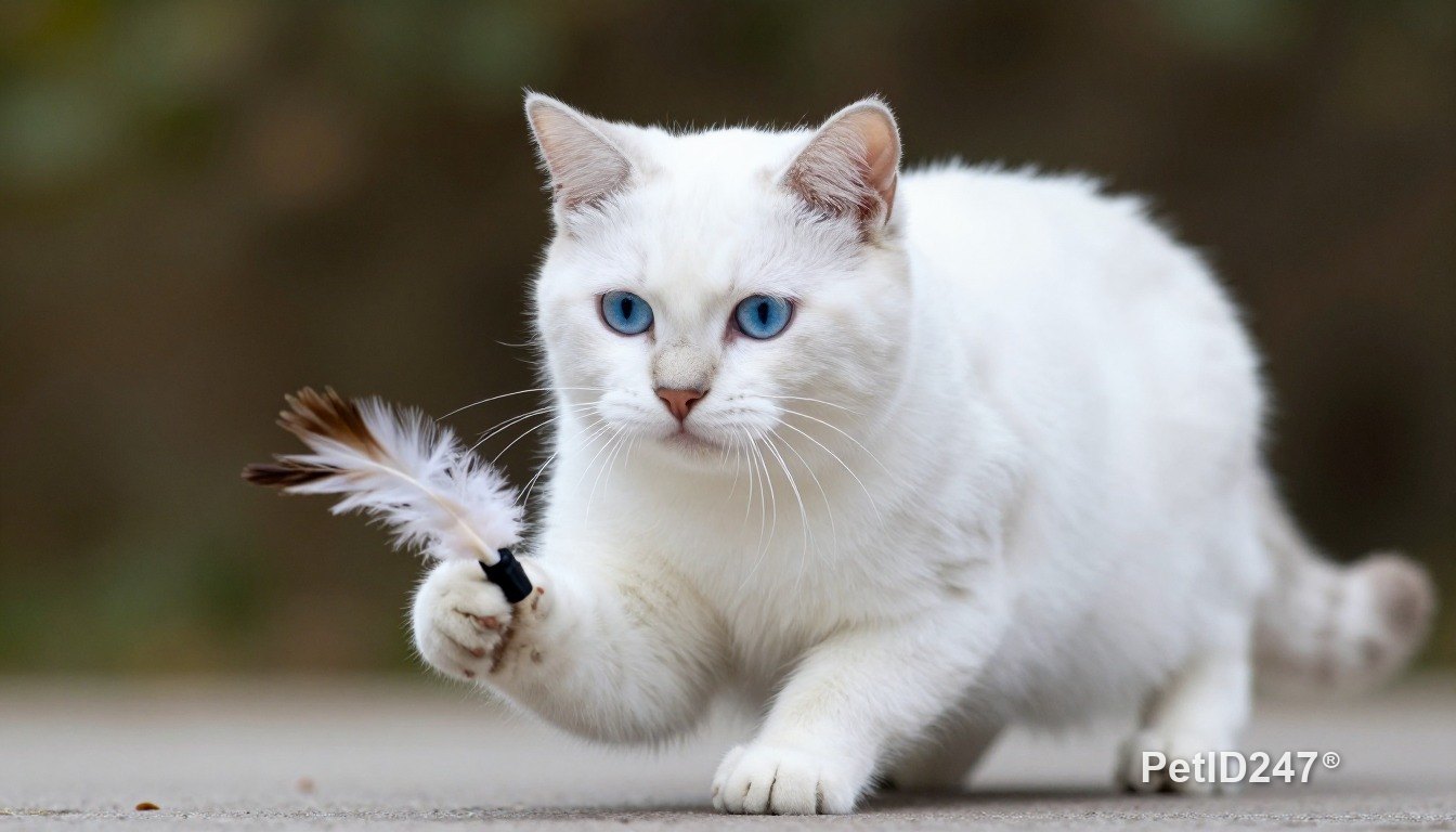 White cat playing with a feather toy