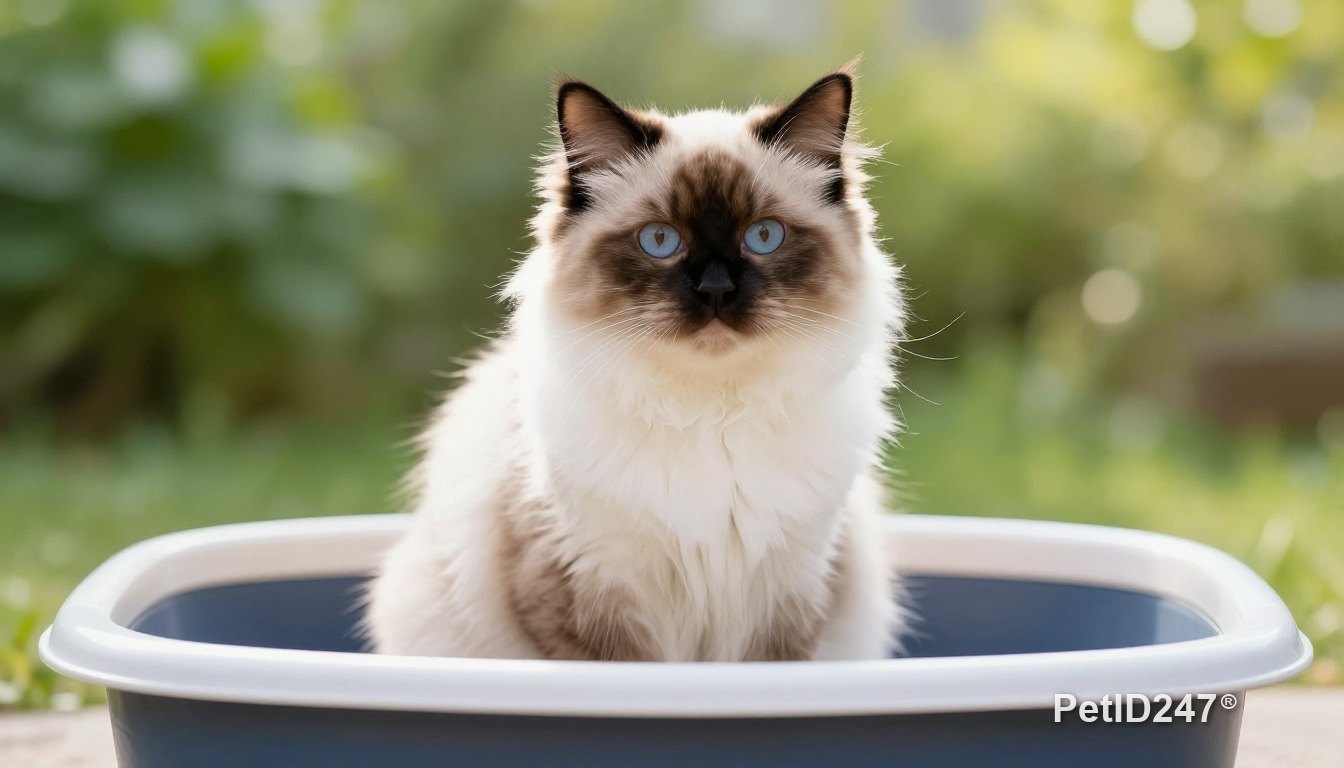 Mèo ragdoll cạnh khay cát, nắng sớm