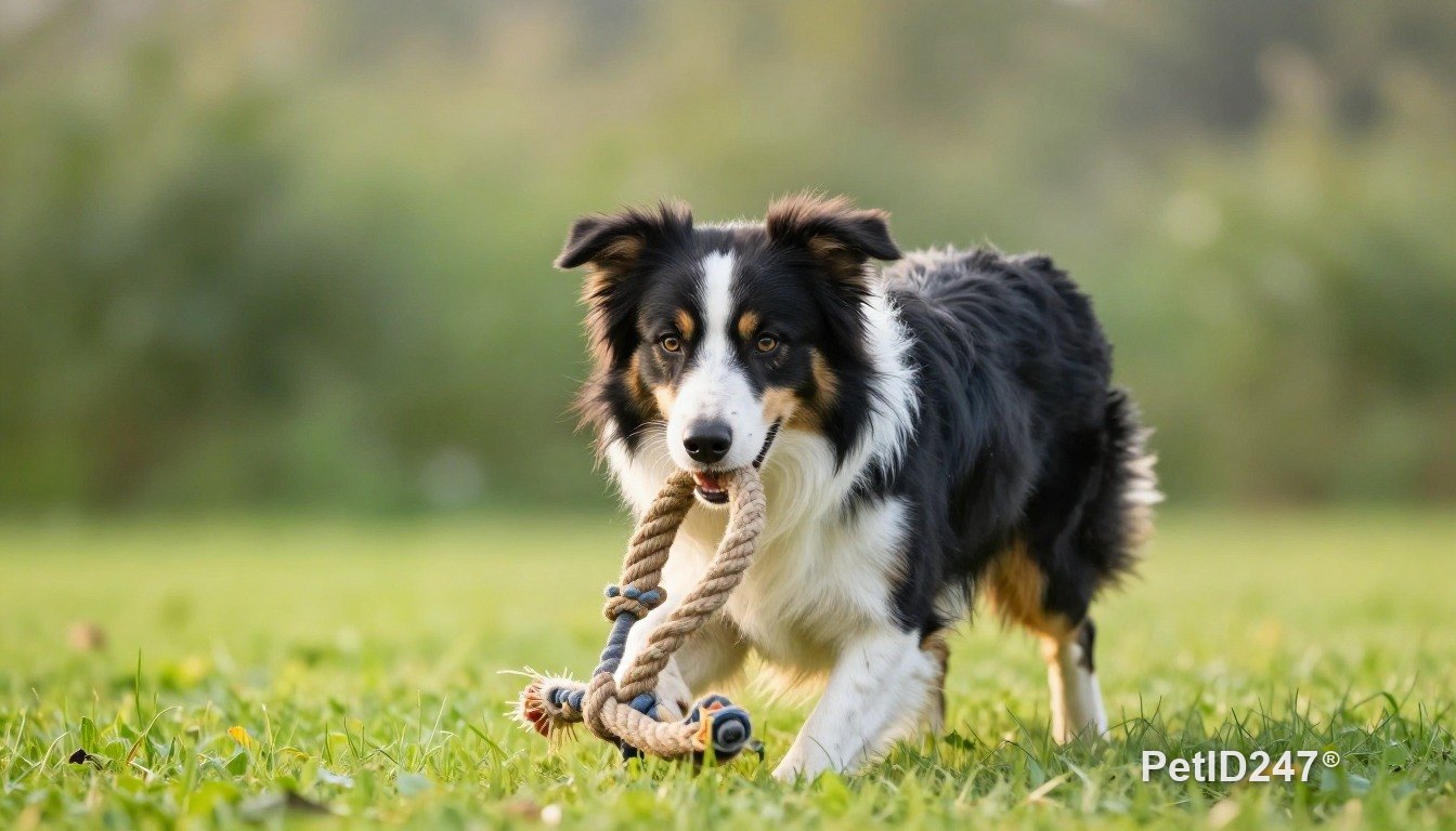 Border collie playing with a rope toy, morning light