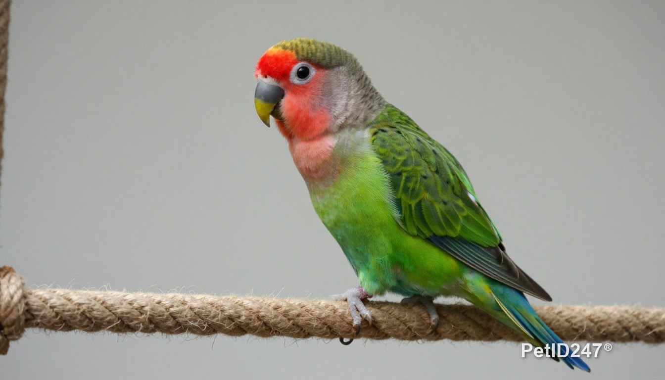 Lovebird playing on a rope perch