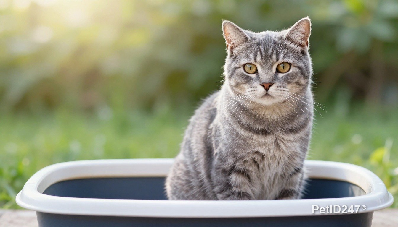 Grey tabby cat next to a litter box, morning light