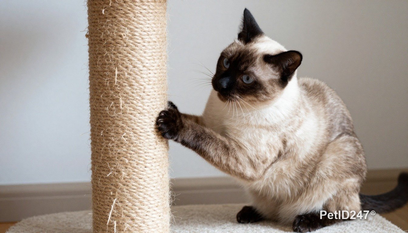 Siamese cat using a scratching post