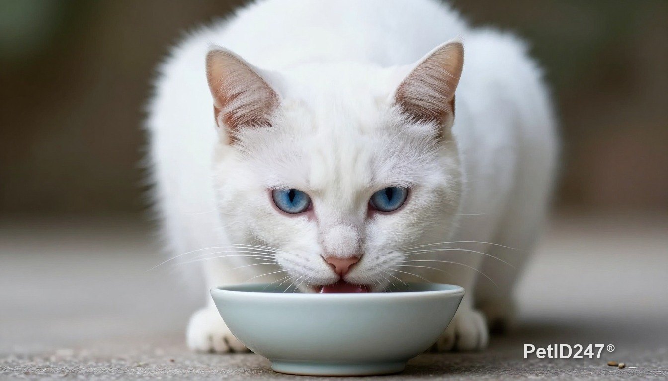White cat eating from a bowl