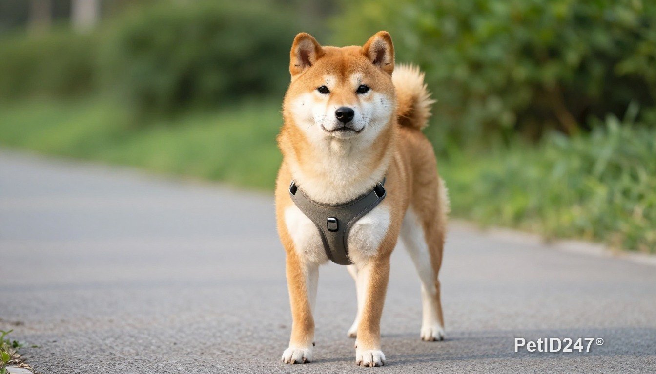 Shiba inu out for a walk in a harness, morning light
