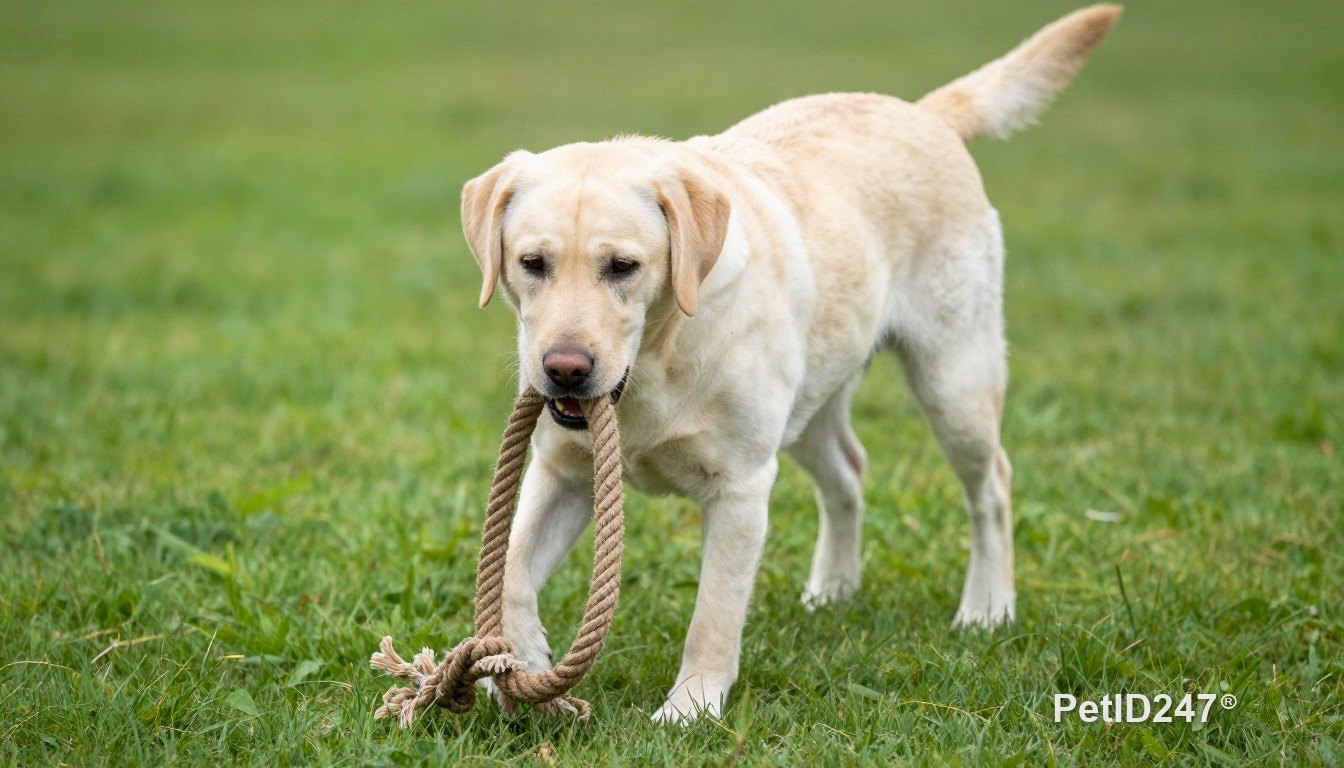 Labrador retriever playing with a rope toy