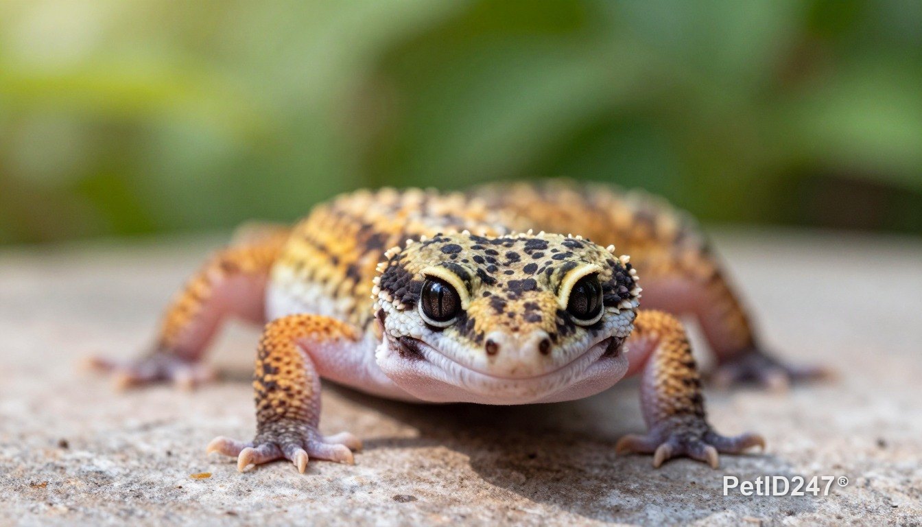 Leopard gecko on a flat stone, morning light