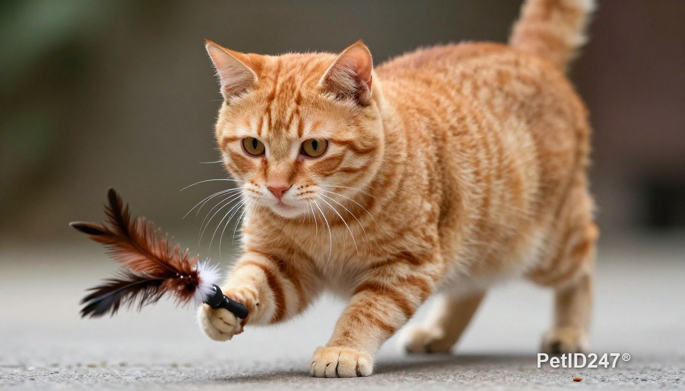 Orange tabby cat playing with a feather toy