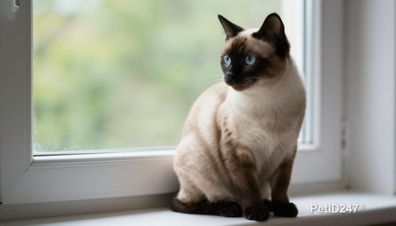 Siamese cat sitting by the window
