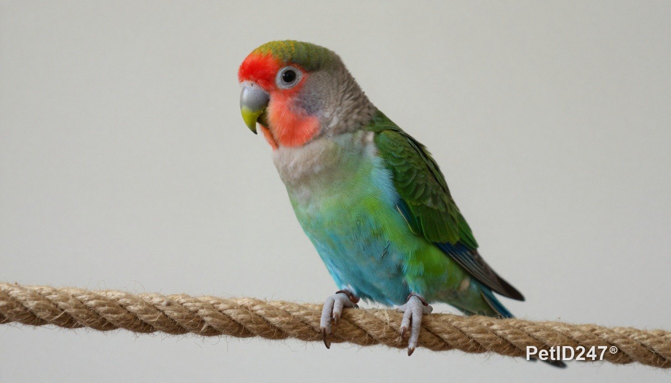 Lovebird playing on a rope perch