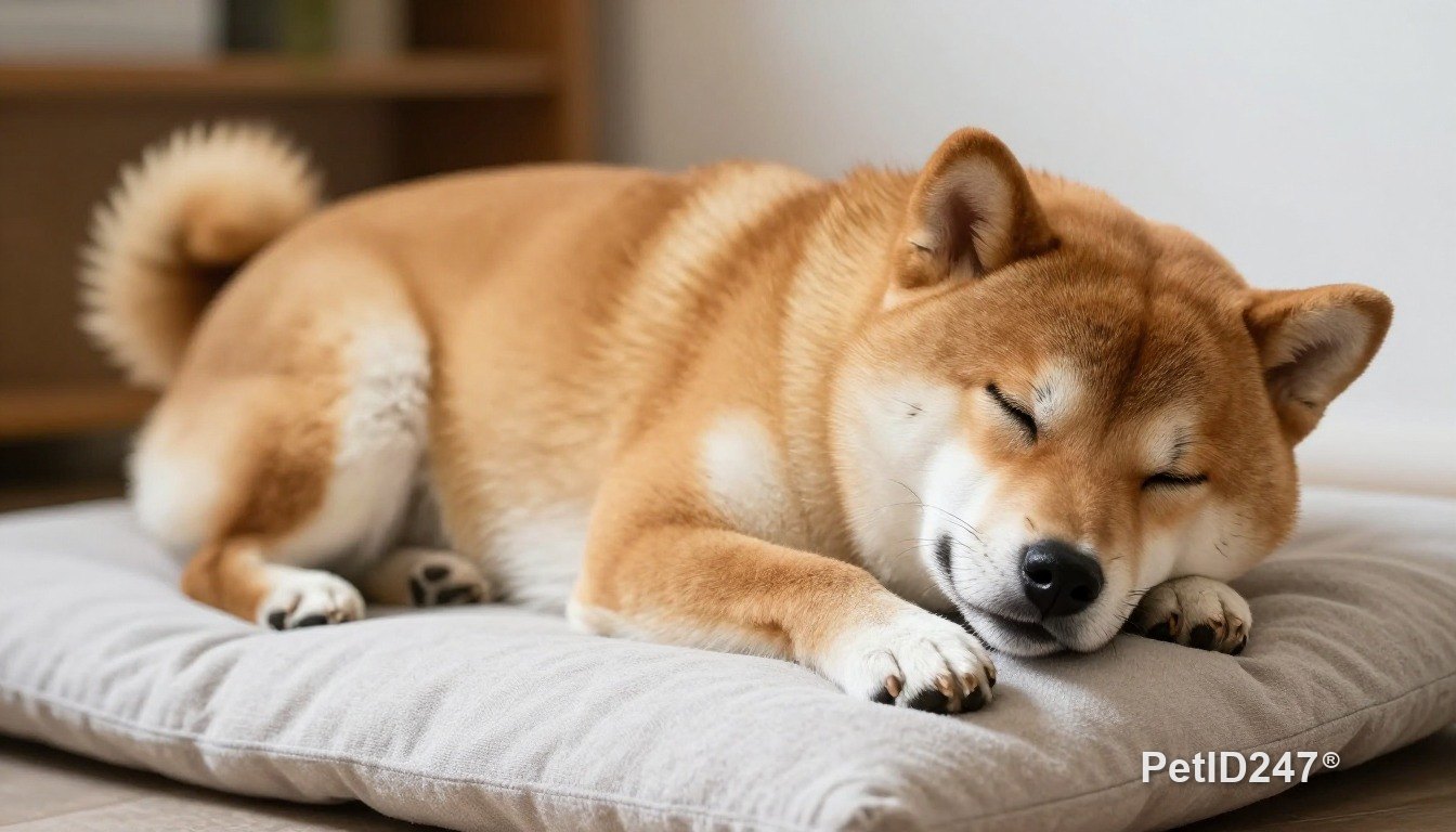 Shiba inu sleeping on a cushion