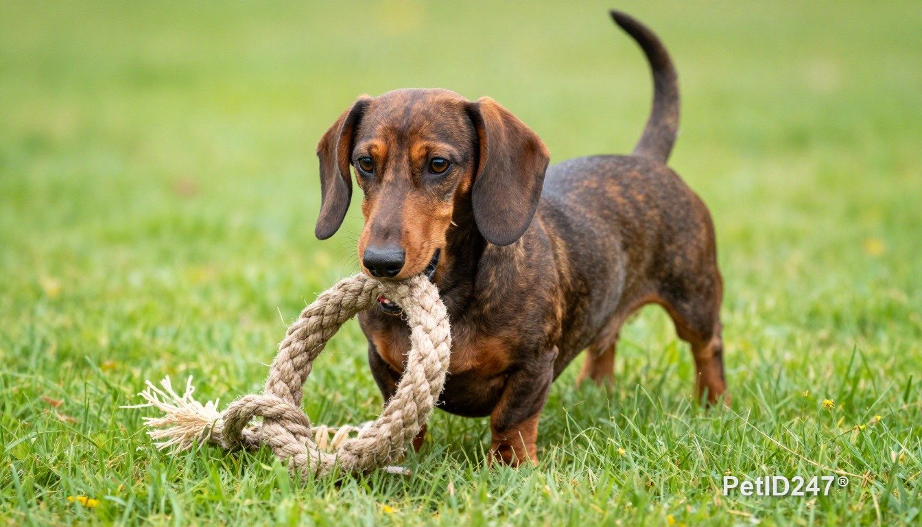 Dachshund playing with a rope toy