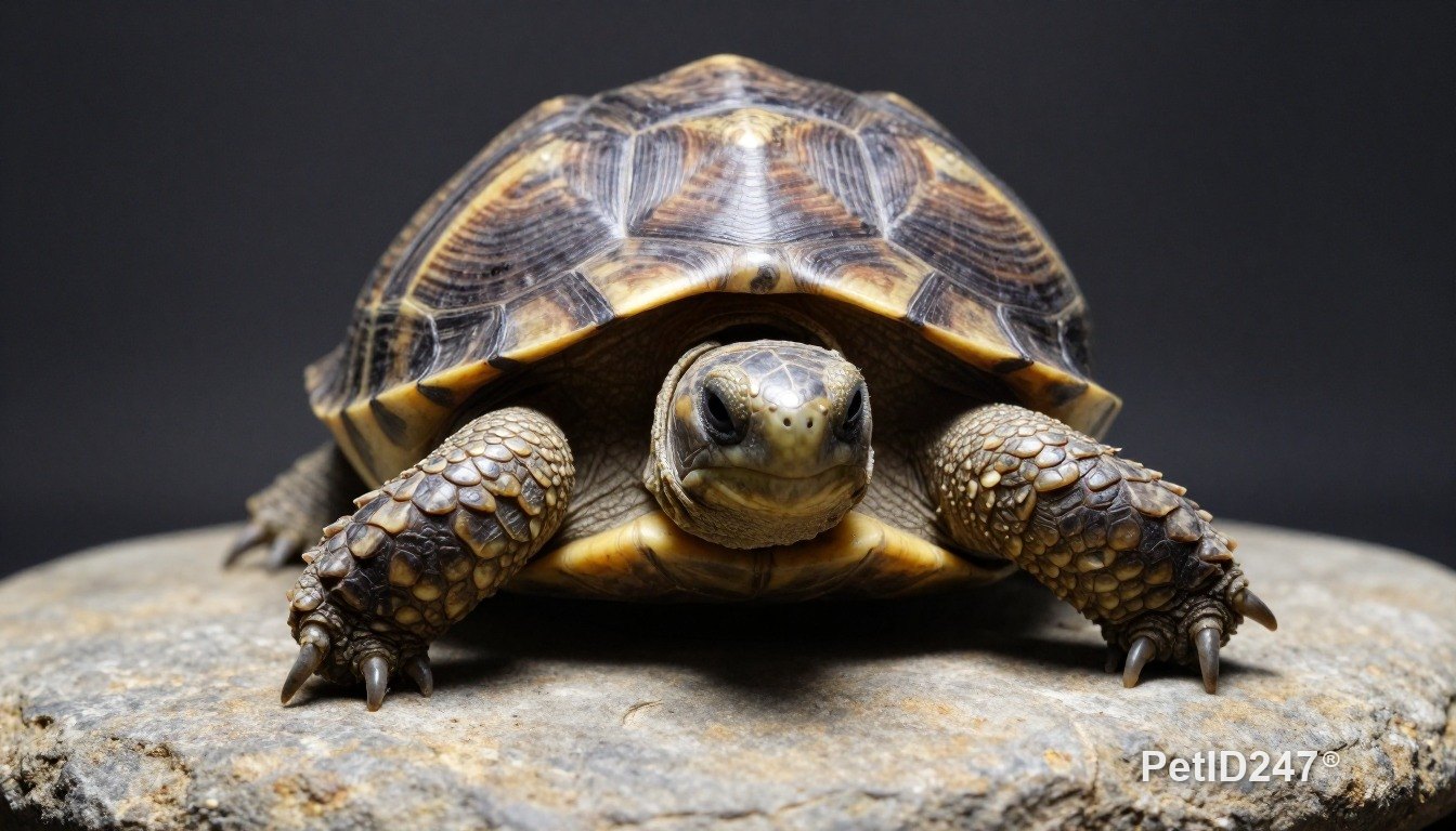 Tortoise on a flat stone, dark background