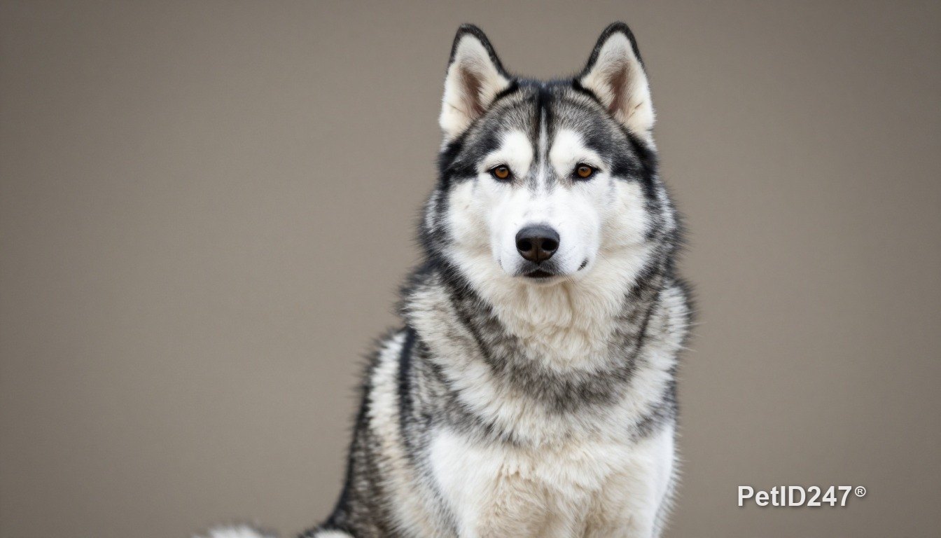 Siberian husky sitting, looking at the camera