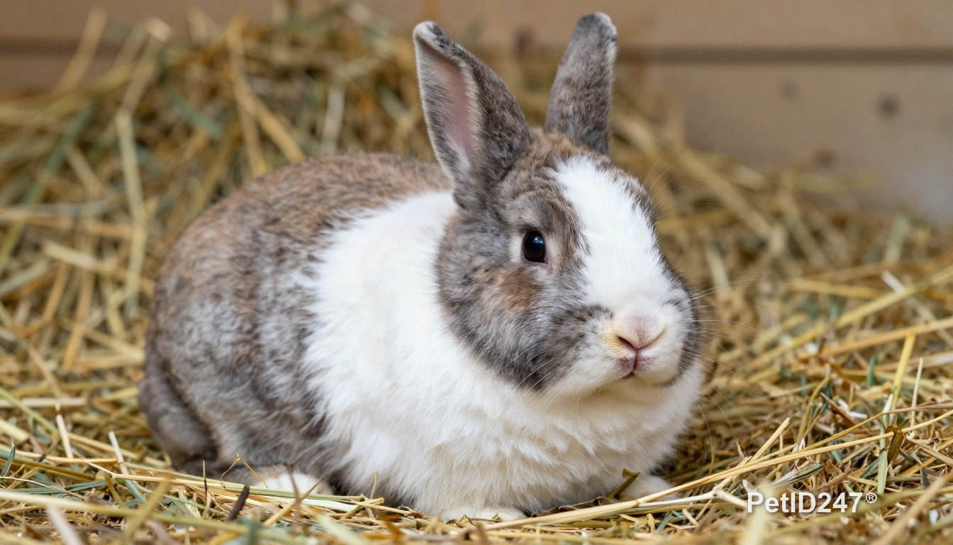 Holland lop rabbit resting on hay