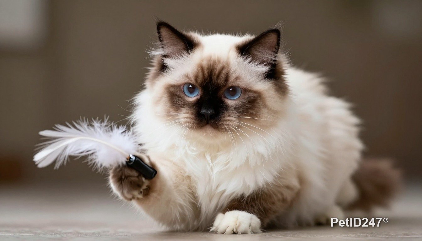 Ragdoll cat playing with a feather toy