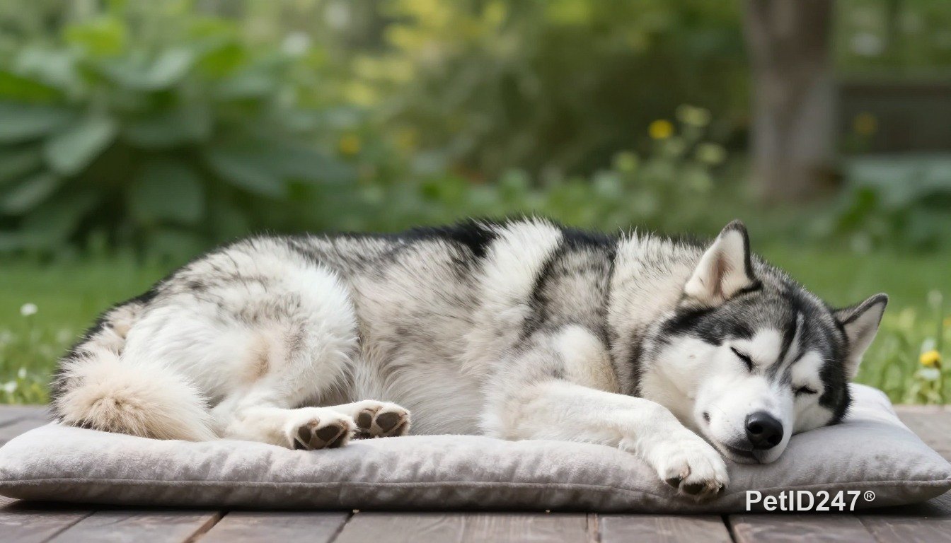 Siberian husky sleeping on a cushion, morning light
