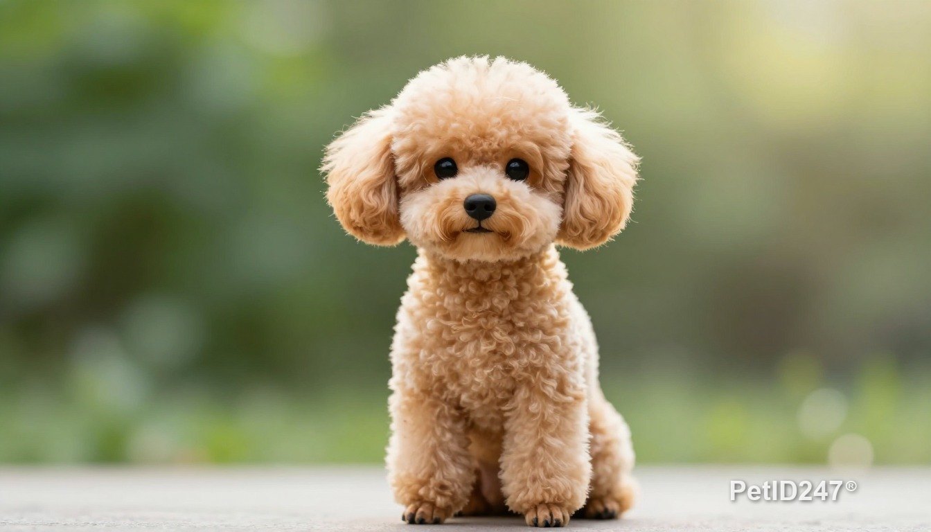 Toy poodle sitting, looking at the camera, morning light