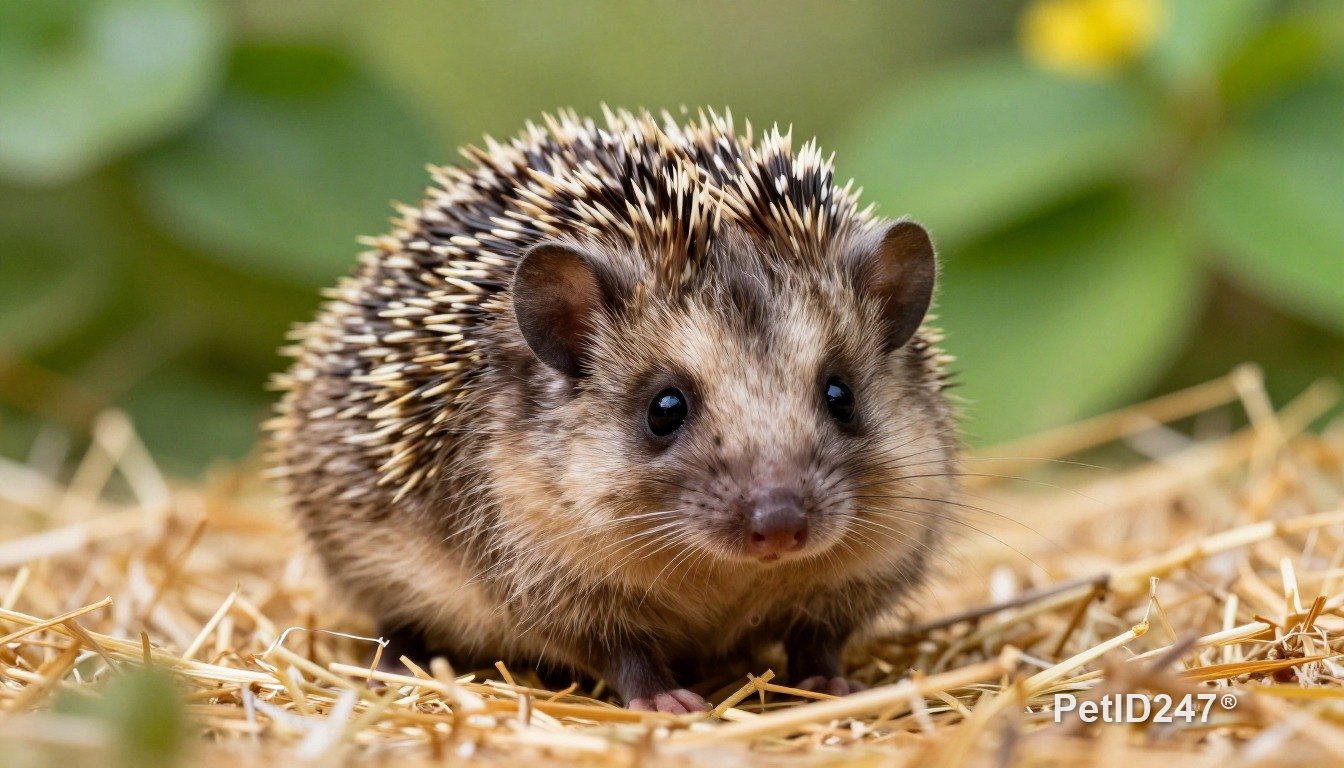 Pygmy hedgehog resting on hay, morning light