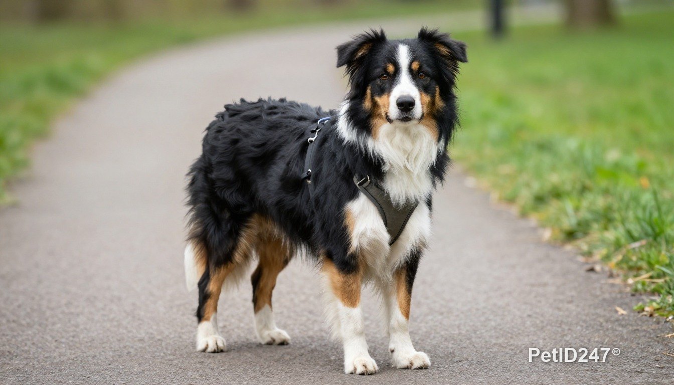 Border collie out for a walk in a harness