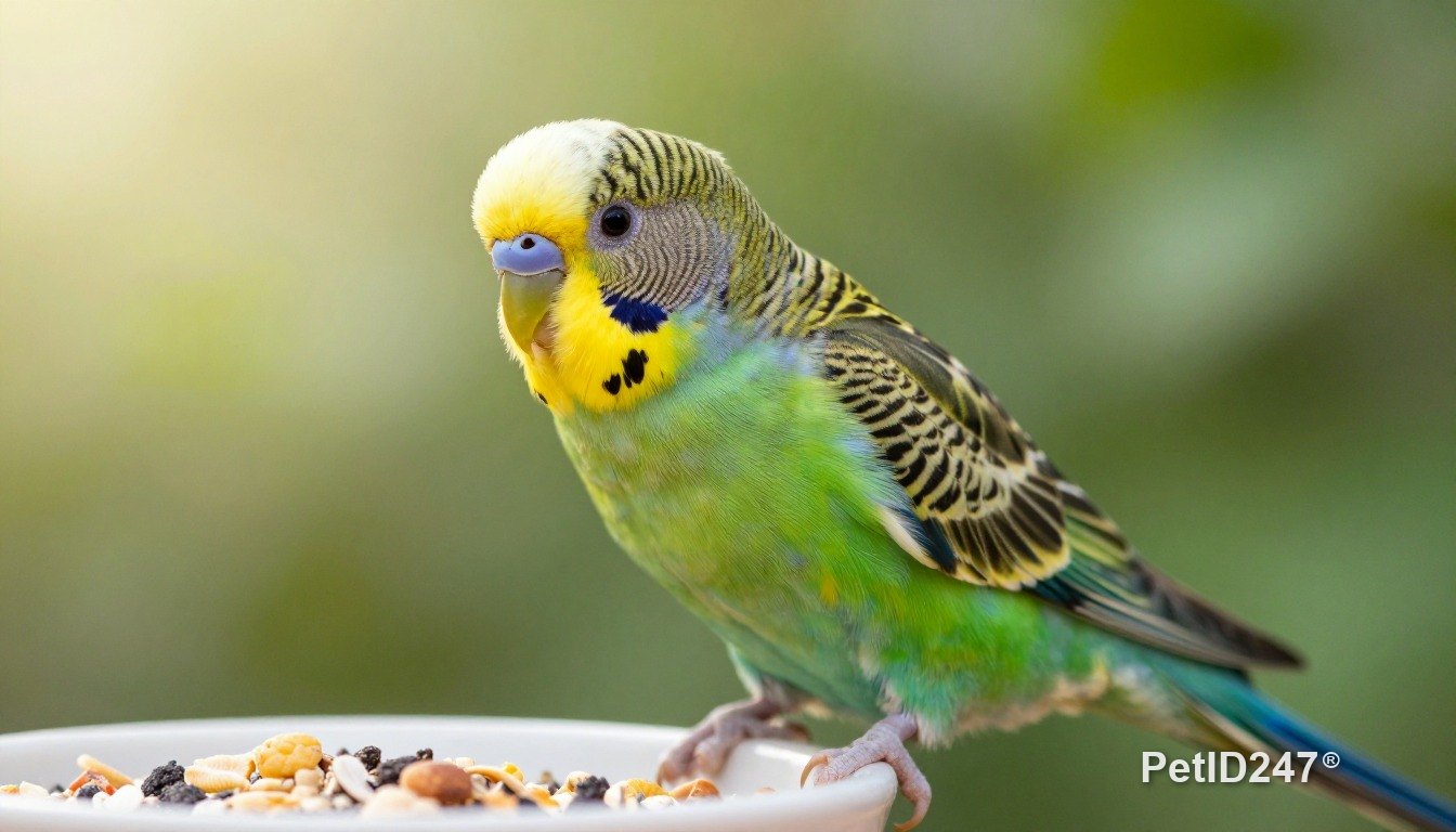Budgerigar eating seeds, morning light