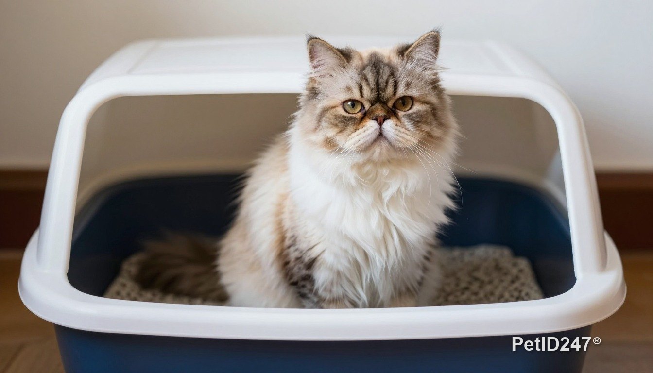 Persian cat next to a litter box